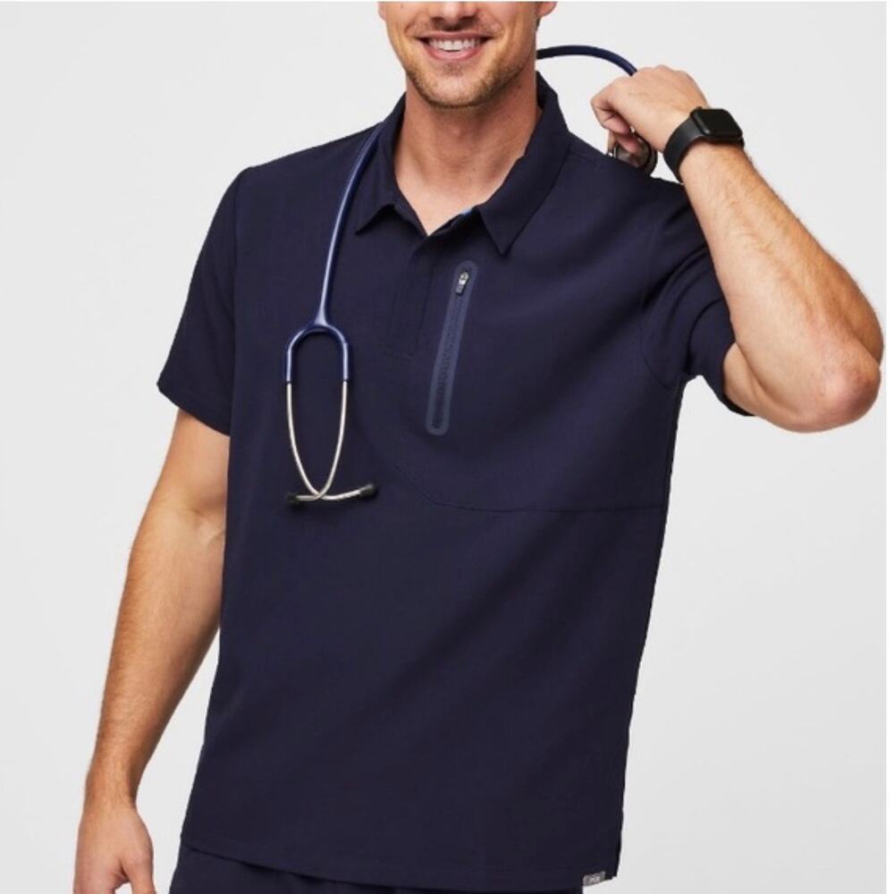 NWT Figs Dotham NAVY Scrub Polo Shirt, Stethoscope & Zip Chest Pocket  Men XL
